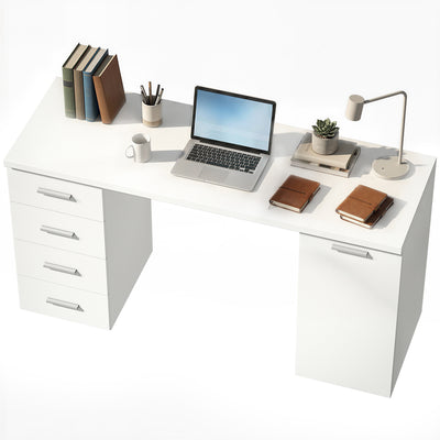 140 cm Computer Desk with Adjustable Shelf Home Office Desk with Drawers and Cabinet White Wood Grain