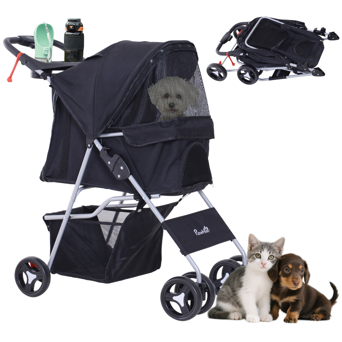 Cat Dog Stroller, One-click Foldable Pet Stroller w/Cup Holder, 4 Wheels Travel Carrier w/Brakes, 360° Swiveling Front Wheels, Storage Basket, for XS/Small Dogs Cats