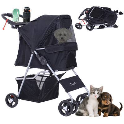Cat Dog Stroller, One-click Foldable Pet Stroller w/Cup Holder, 4 Wheels Travel Carrier w/Brakes, 360° Swiveling Front Wheels, Storage Basket, for XS/Small Dogs Cats