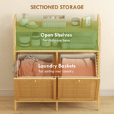 Tilt Out Laundry Hamper, Bamboo Laundry Cabinet with 2 Removable Baskets and 2-Tier Shelves for Laundry Room