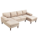 U Shape Couch with Double Chaise Lounge, Modern 4 Seater Sofa with Wooden Legs, Fabric Sofa for Living Room