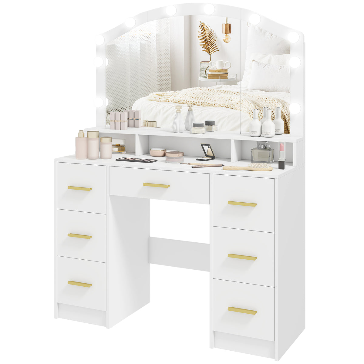 Makeup Vanity with Mirror and 10 LED Lights, 3 Colour Adjustable, Dressing Table with 7 Drawers
