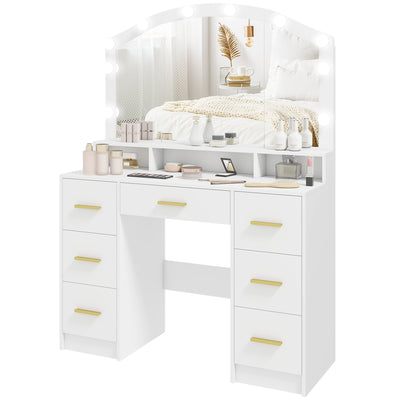Makeup Vanity with Mirror and 10 LED Lights, 3 Colour Adjustable, Dressing Table with 7 Drawers