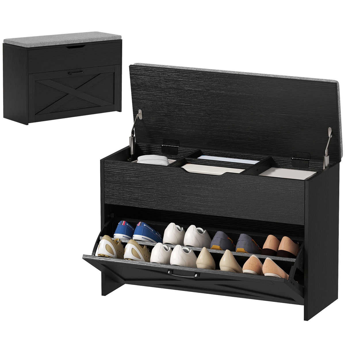Shoe Storage Bench with Flip Drawer and Lift Top Storage