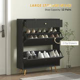 Narrow Shoe Storage Cabinet with Wave-like Panels and Adjustable Shelves for 12 Pairs of Shoes