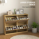 Narrow Shoe Storage Cabinet, Rattan Shoe Cabinet with 4 Flip Drawers and Adjustable Shelves for 20 Pairs