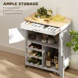 Rolling Kitchen Cart, Kitchen Island with Storage Drawer, 9-bottle Wine Rack, Wooden Countertop