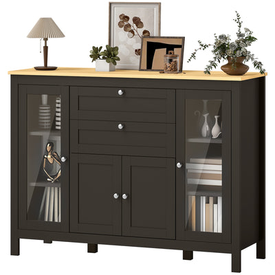 Buffet Cabinet Sideboard with 2 Drawers, 3 Storage Cabinets, Glass Doors and Adjustable Shelves
