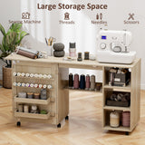 Table de machine à coudre avec plateau abattant, table de bricolage pliante avec portes en rotin et étagères de rangement pour petits espaces