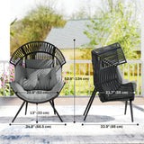 Wicker Egg Chair, Indoor Outdoor Rattan Lounge Chair with Thick Cushion and Headrest, Steel Frame, Adjustable Pads