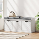 Banc de rangement à chaussures, banc d'entrée style lin avec 3 tiroirs amovibles et coussin de siège rembourré pour couloir