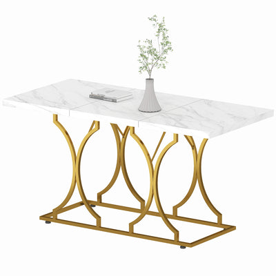 59-Inch Dining Table for 6, Modern Marble-Pattern Kitchen Dinner Table with Metal Pedestal for Home