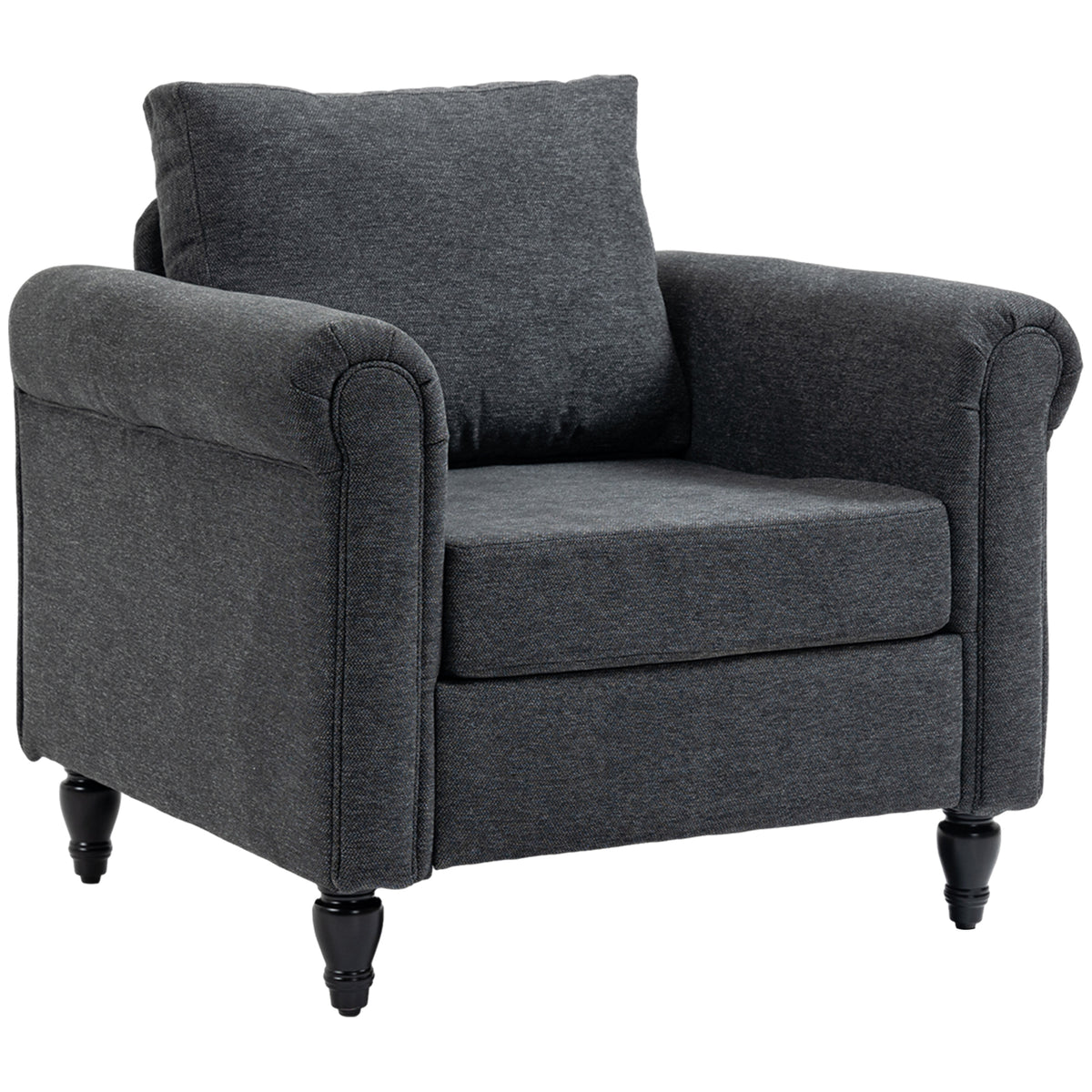 Vintage Armchair, Upholstered Accent Chair with Rolled Arms, Gourd-Shaped Rubber Wood Legs