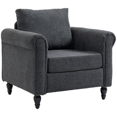 Fauteuil vintage, chaise d'appoint rembourrée avec bras roulés et pieds en bois caoutchouc en forme de gourde