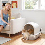 Enclosed Stainless Steel Litter Box, Metal Cat Litter Box with Scoop