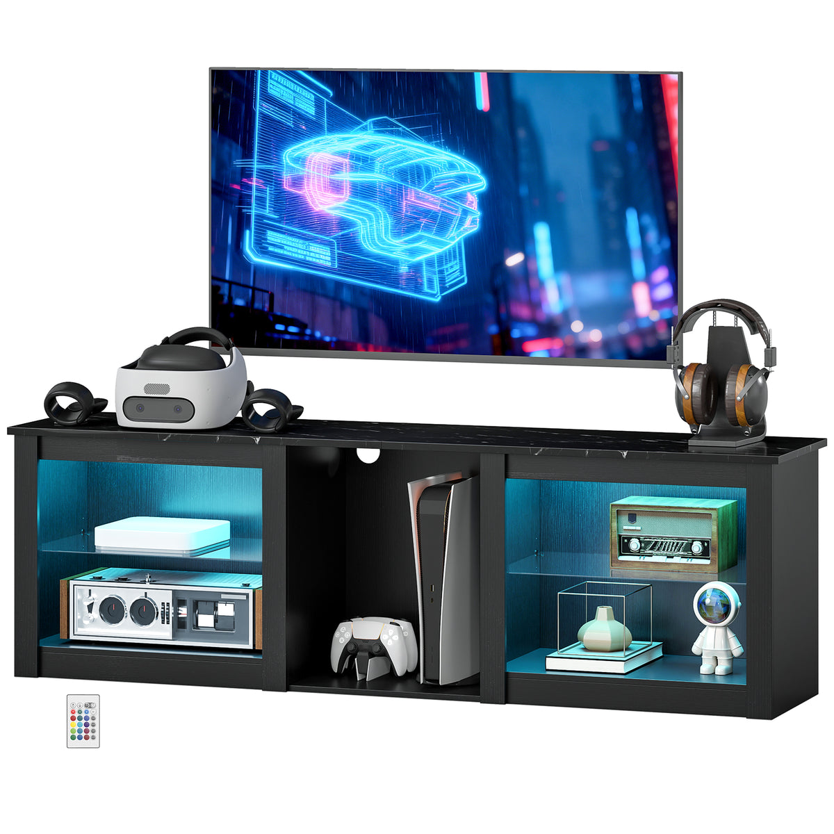 TV Stand with LED Lights, Modern Entertainment Center with Adjustable Glass Shelves, for TVs up to 70 Inch