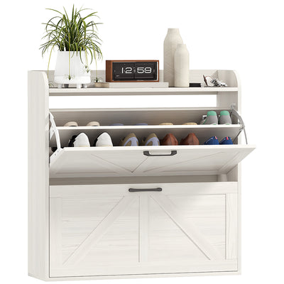 Narrow Shoe Storage Cabinet, Farmhouse Slim Shoe Cabinet with 2 Flip Drawers, Adjustable Shelves