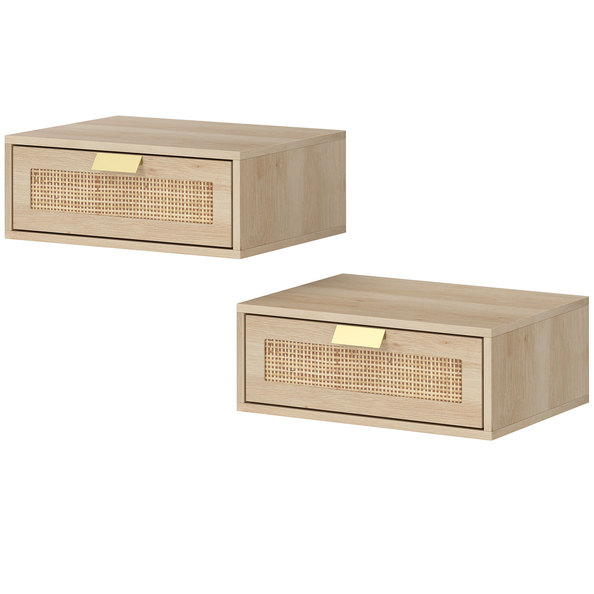 Floating Bedside Tables Set of 2, Wall Mounted Nightstands with Rattan Drawer and Wood Effect