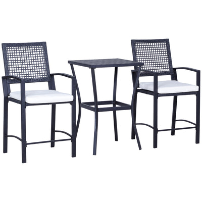 3 Pieces Outdoor Wicker Bar Set, Classic Bistro Bar Set Garden Rattan Style Patio Bar Table & High Chairs w/ Cushions Home Bar Furniture
