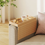 Bamboo Couch Arm Tray, Sofa Armrest Tray with Flexible Roll-up Design and Wide Compartment
