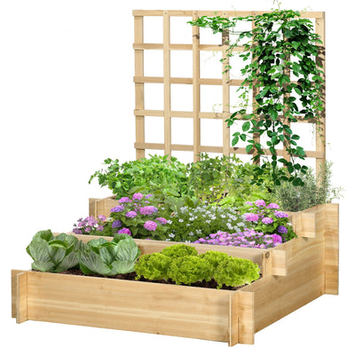 Wooden Elevated Planter Box with Trellis for Climbing Plants, 3 Tier Raised Garden Bed for Garden