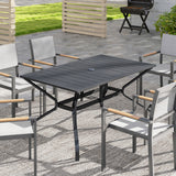 Table de salle à manger de patio rectangulaire avec trou pour parasol, table de salle à manger extérieure pour 6 avec cadre en acier pour jardin