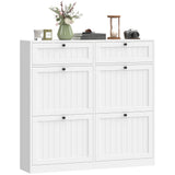 Shoe Cabinet with 2 Large Flip Drawers, Farmhouse Narrow Shoe Storage Cabinet with 2 Top Compartments