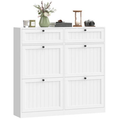 Shoe Cabinet with 2 Large Flip Drawers, Farmhouse Narrow Shoe Storage Cabinet with 2 Top Compartments