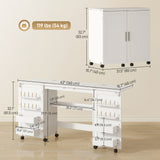 Folding Craft Table, Rolling Sewing Machine Table with Magnetic Doors, Storage Shelf, Lockable Wheels
