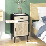 Boho Bedside Tables Set of 2, Nightstands with Drawer, Rattan Cabinet, Adjustable Shelf for Bedroom
