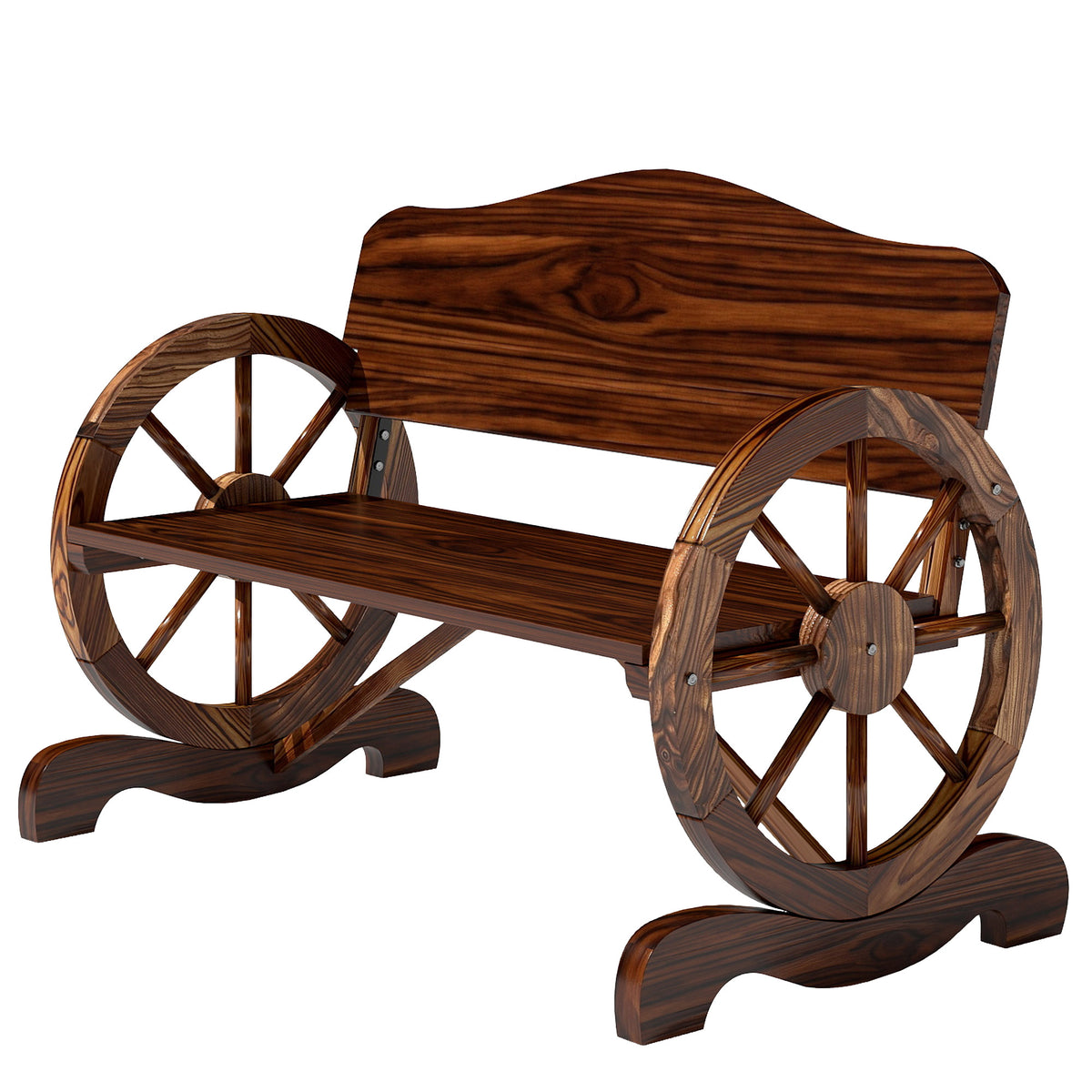 Wooden Outdoor Bench, Garden Patio Loveseat with Wagon Wheel Armrests
