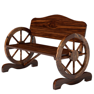 Wooden Outdoor Bench, Garden Patio Loveseat with Wagon Wheel Armrests