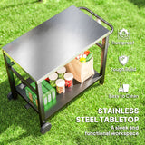 Chariot de Cuisine BBQ avec Plateau Inox, Socle Four à Pizza 2 Tablettes Déplaçable avec Roulettes