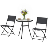 Outdoor Bistro Set, 3 Piece Patio Furniture Set with Folding Chairs, Semi-Circle Glass Top Table