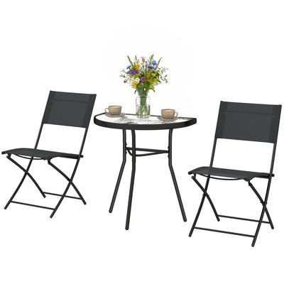 Outdoor Bistro Set, 3 Piece Patio Furniture Set with Folding Chairs, Semi-Circle Glass Top Table