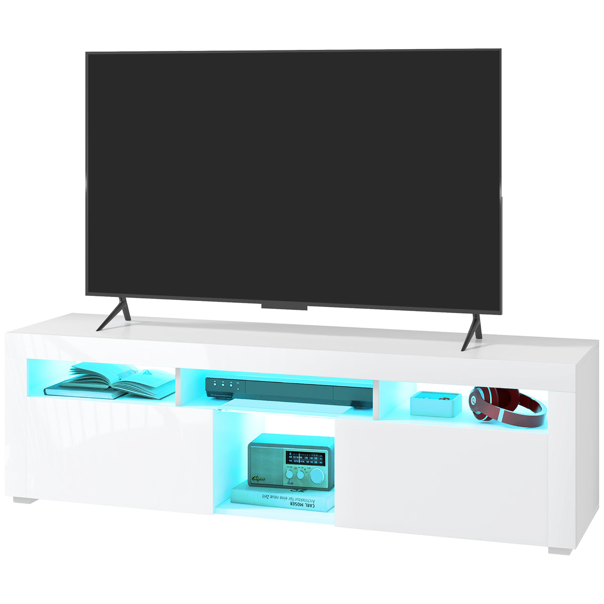 Meuble TV moderne avec rangement et éclairage LED pour téléviseurs jusqu'à 55 po, armoire TV avec compartiments ouverts