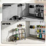 Garden Tool Organizer for Garage, 3-Tier Yard Tool Storage Rack with 32 Slots, 4 Wheels and 11 Hooks