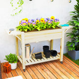 Raised Garden Bed, Wood Planter Box with Lockable Wheels, Side Tables, Bottom Shelf