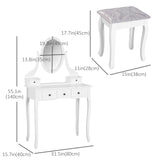 Wooden Vanity Table Set, Makeup Dressing Table with 360° Rotating, 5 Drawers and Padded Stool