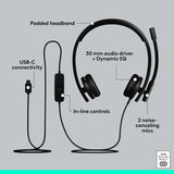 Logitech H570e USB Headset Microphone PC Mac USB-C - Black | Stereo so