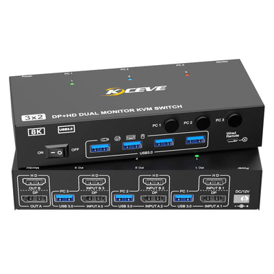 8K@60Hz KVM Switch 2 Monitors 3 Computers Displayport and HDMI 4K@144H
