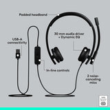 Micro-casque USB Logitech H570e avec microphone pour PC et Mac, filaire USB-A