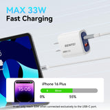 BENFEI Chargeur mural GaN 33W USB-C, bloc de charge rapide 2 ports pour iPhone