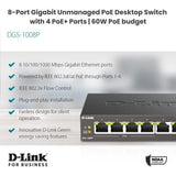 D-Link 8-Port Gigabit Unmanaged PoE+ Ethernet Switch, with 4 PoE Ports