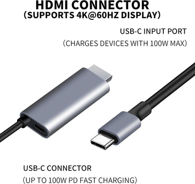 Câble USB-C vers HDMI 2 en 1 6,6PI avec port charge rapide 100W PD, 4K@6