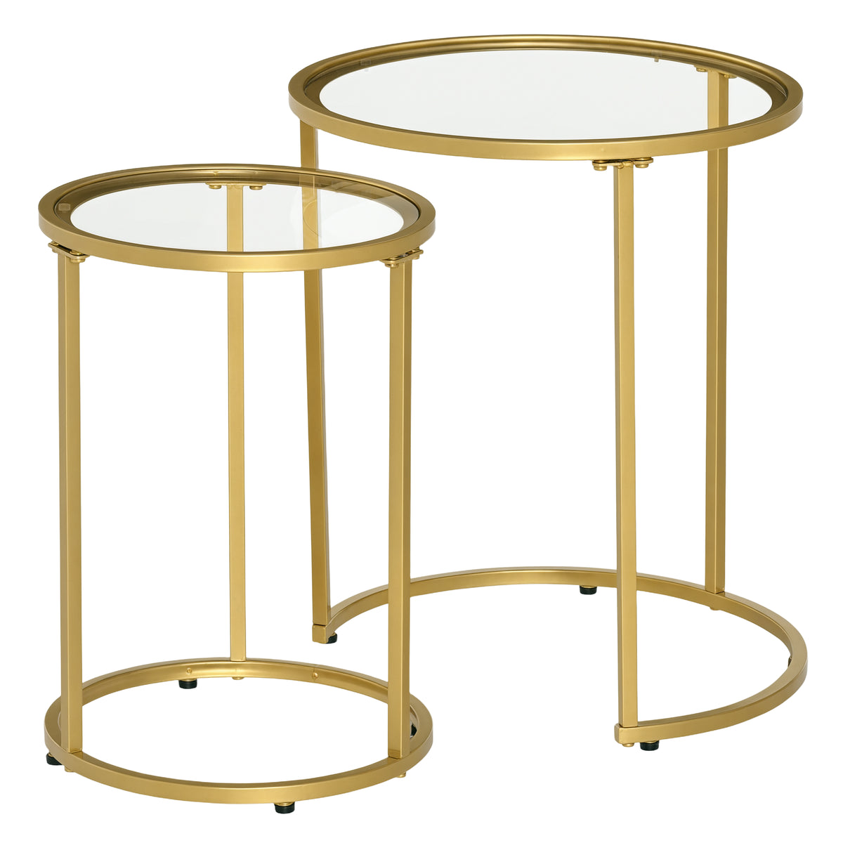 Lot de 2 tables basses gigognes à base métallique, table d'appoint ronde avec plateau en verre trempé pour salon