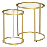 Lot de 2 tables basses gigognes à base métallique, table d'appoint ronde avec plateau en verre trempé pour salon