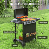 4+1 Burner Propane Gas BBQ Grill, Side Table, Shelf, Spice Rack, Wheels