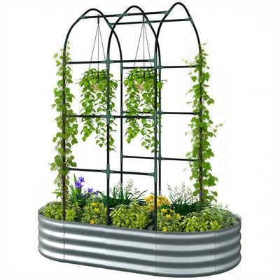 Galvanised Raised Garden Bed with Arched Trellis, 5 x 3 x 6ft Metal Outdoor Planter Box with Open Bottom