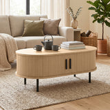 Coffee Table with Sliding Tambour Doors and Storage Center Table with Metal Legs, 39